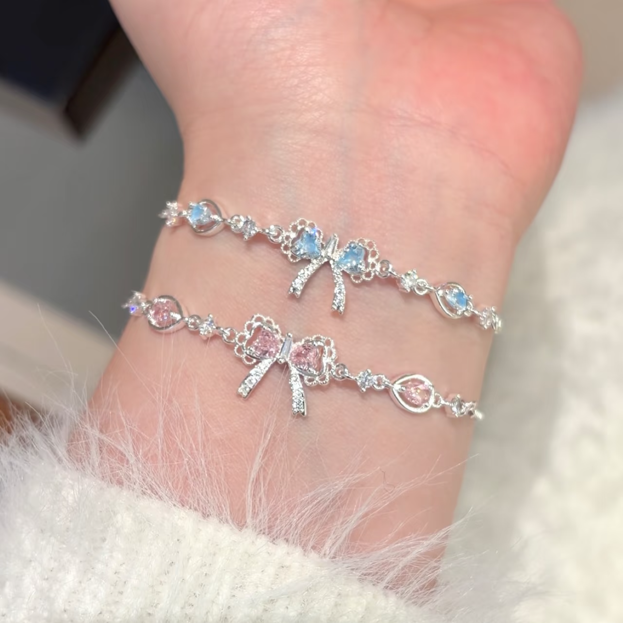 "Pink Serenade Bow Bracelet" Heart Zirconia Bracelet