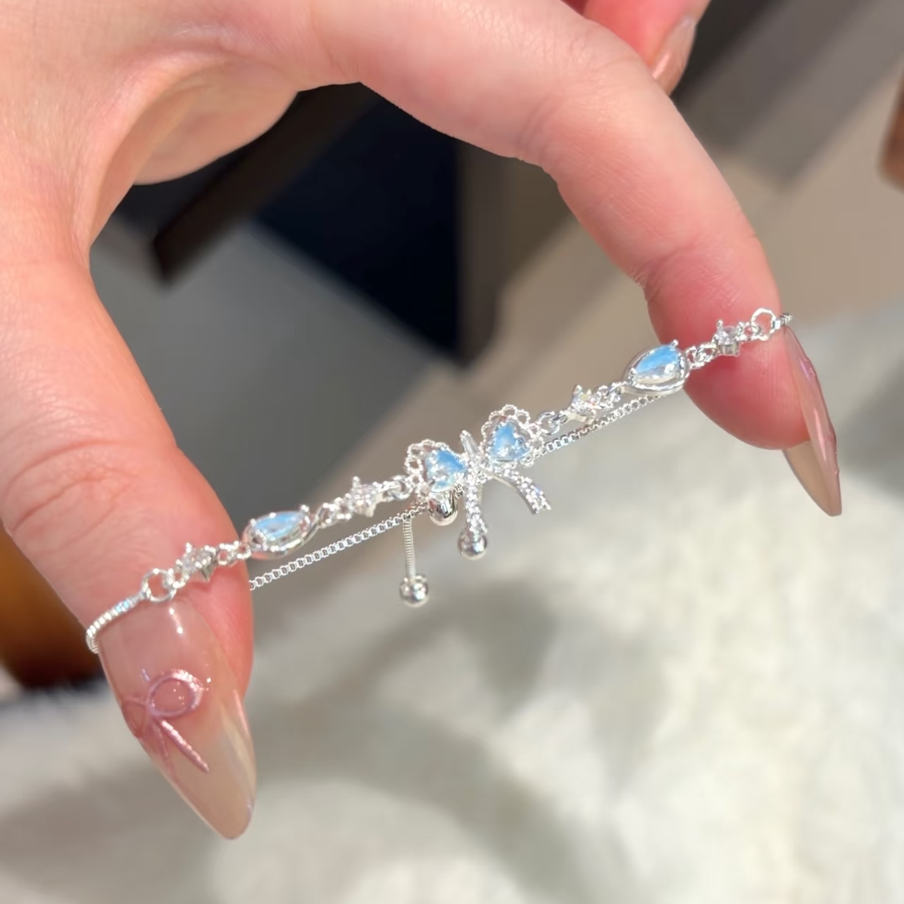 "Pink Serenade Bow Bracelet" Heart Zirconia Bracelet