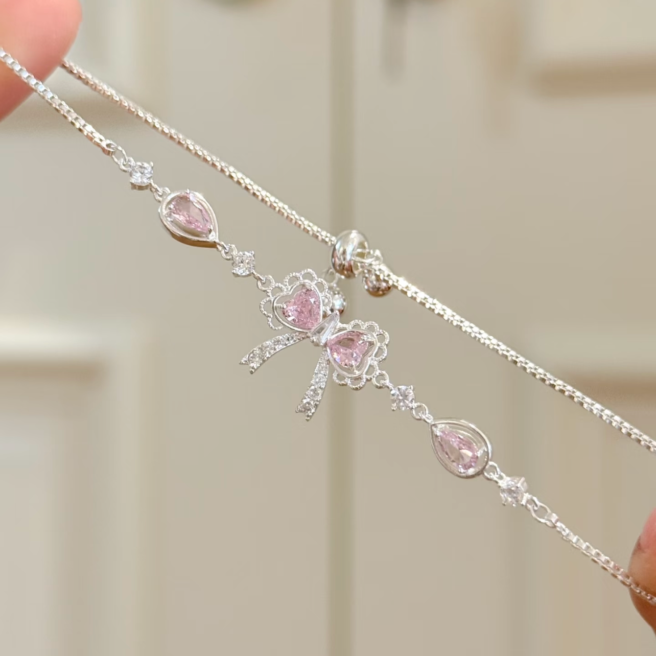 "Pink Serenade Bow Bracelet" Heart Zirconia Bracelet