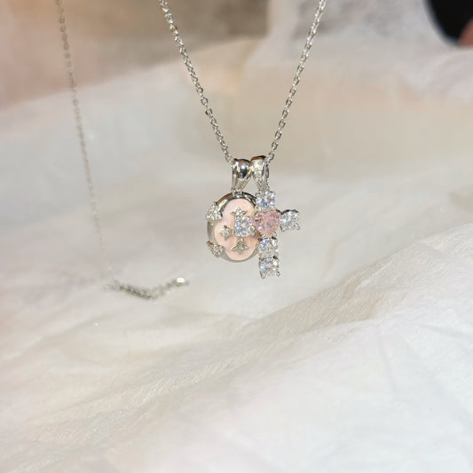 "Pink Guardian" Heart & Cross Double Pendant Necklace