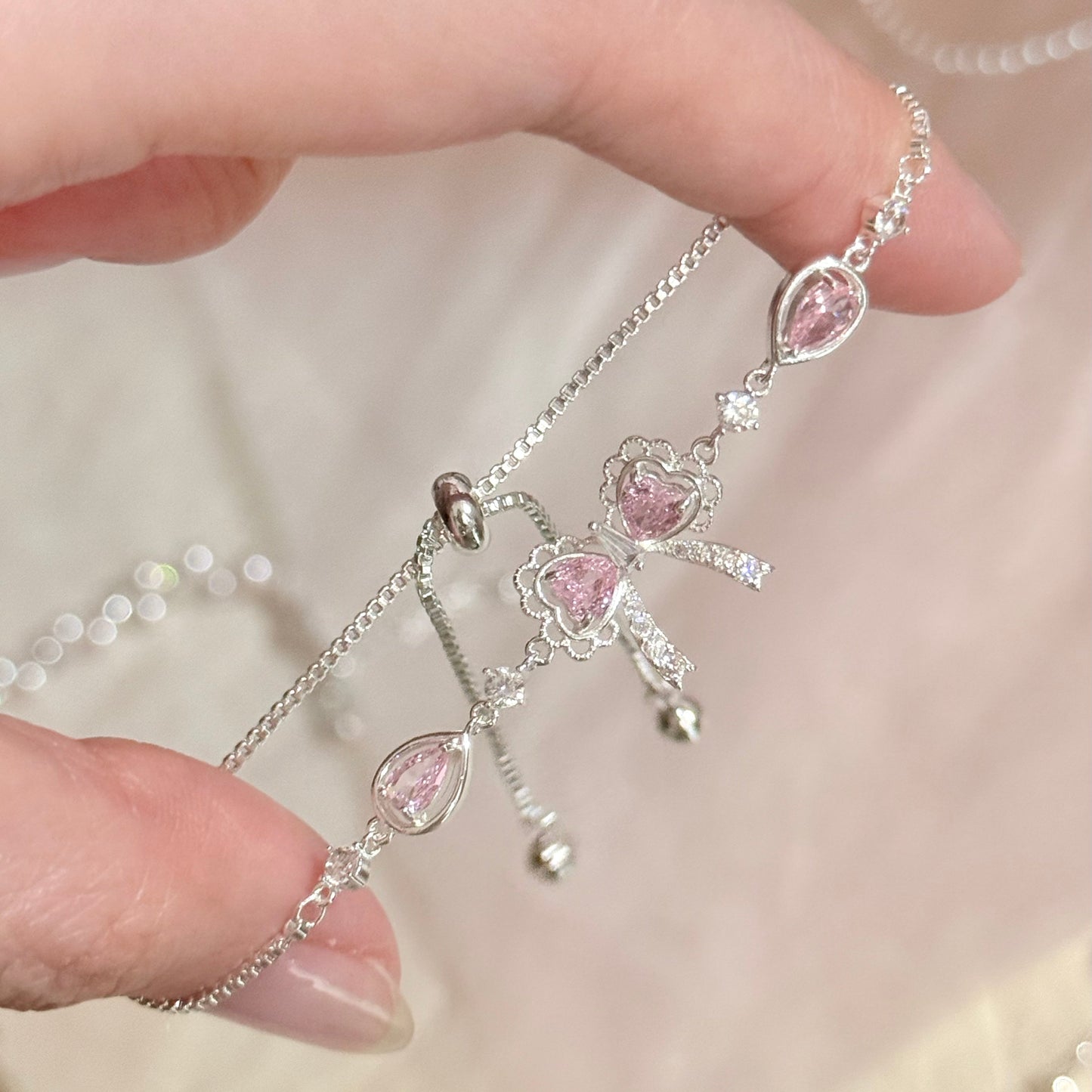"Pink Serenade Bow Bracelet" Heart Zirconia Bracelet