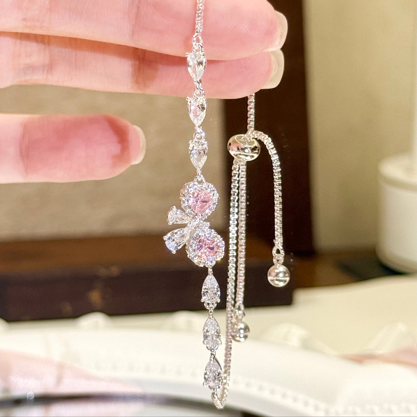 "Blush Heartbeat" Pavé Zirconia Bow Bracelet